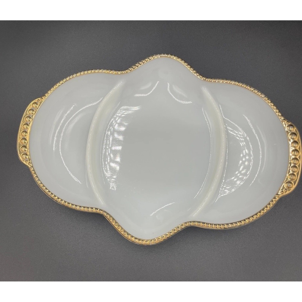 Vintage Fire King Milk Glass Divided Dish Cottage-MCM Gold Trim Oven Serve - Picture 2 of 15